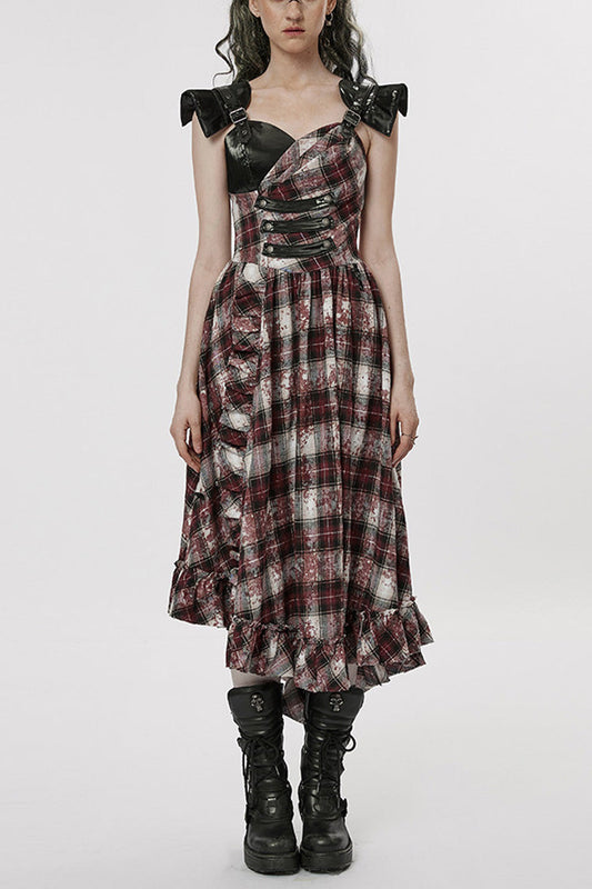 Black/Red Leather Shoulder Strap Plaid Print Ruffle Stitching Irregular Women's Steampunk Dress