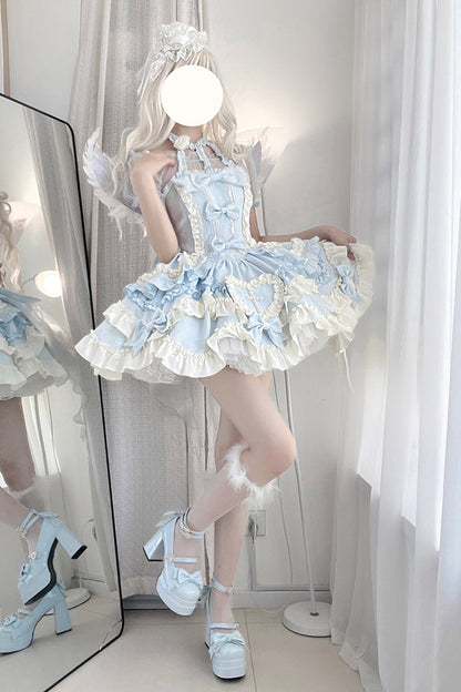 Blue [Heart of Butterfly] Halterneck Sleeveless Multi-Layered Ruffle Embroidery Princess Ballet Lolita Jsk Dress Set