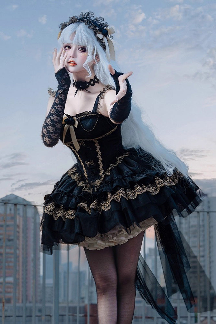 Black [Fleeting Light and Shallow Dream] Sleeveless Multi-Layered Ruffle Bowknot Lace Slim Gothic Ballet Lolita Jsk Dress