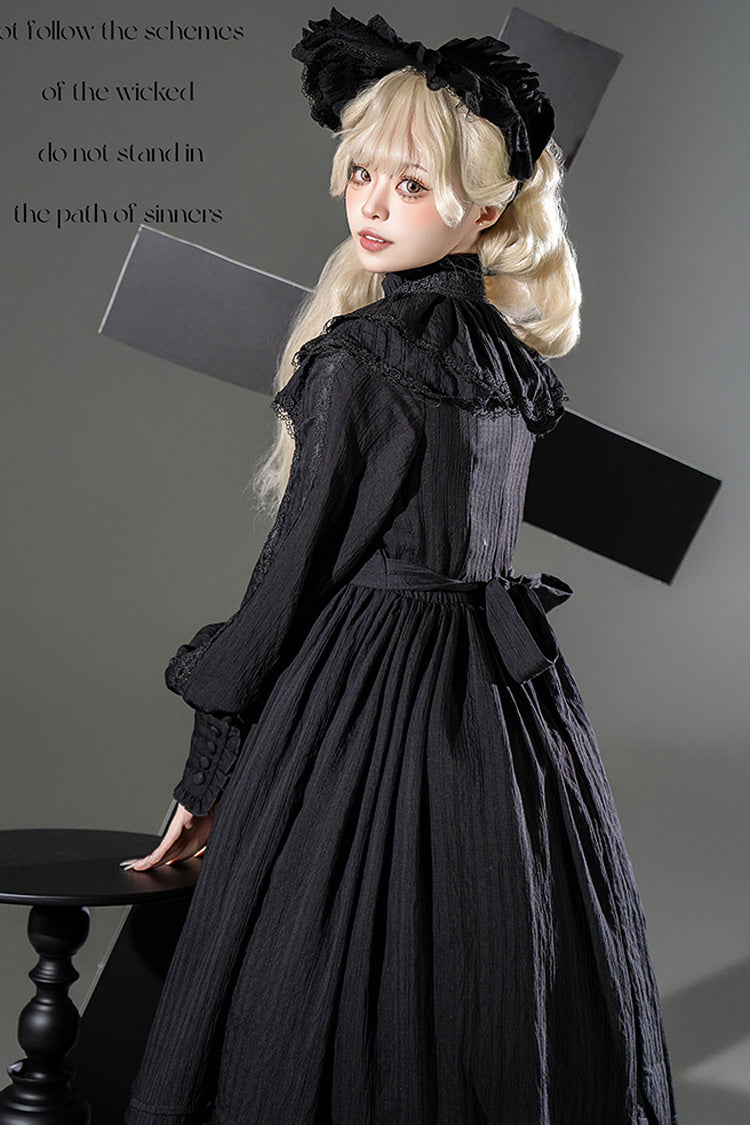 Black [Quiet Place] Long Sleeves Jacquard Ruffle Embroidery Bowknot Gothic Lolita Dress