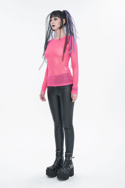 Red Elasticity High Neck Long Sleeve Mesh Women's Gothic T-Shirt