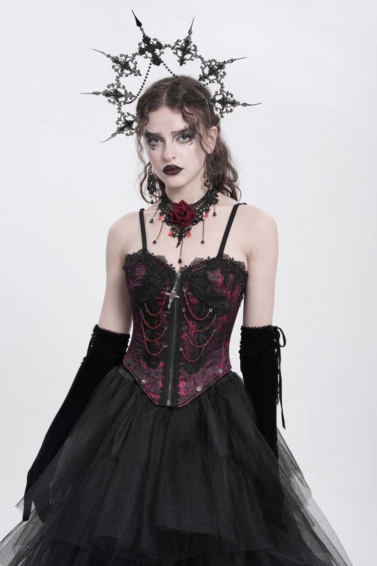 Red Sleeveless Embroidery Lace Chain Women's Gothic Vest