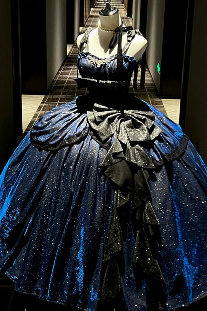 Blue [Galaxy of Fallen Tears] Sleeveless Glitter Series Ruffled Bow Asymmetric Sweet Lolita Jsk Dress