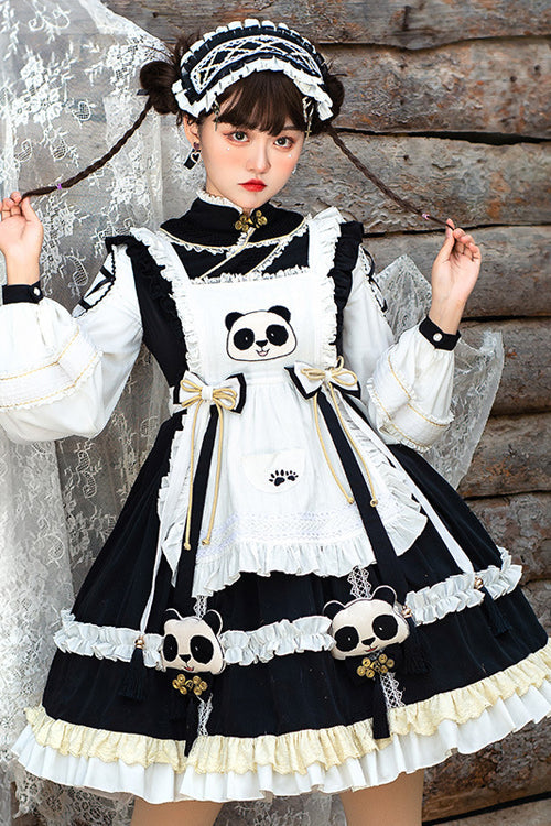 Black/White High Neck Lantern Sleeves Multi-Layer Ruffled Panda Bun Shop Sweet Lolita Op Dress