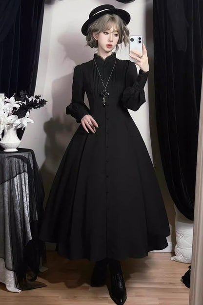 Black [Astrea] Long Puff Sleeves Slim Gothic Elegant Lolita Dress