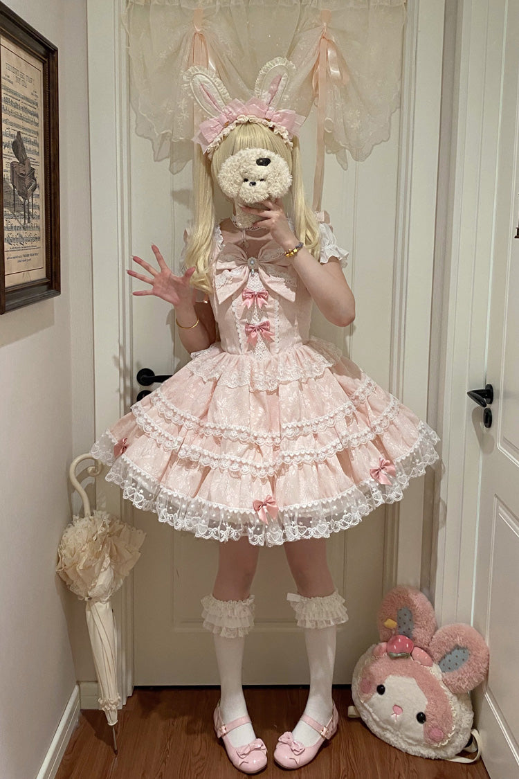 Pink [Sweet Mist Cherry Romance] Sleeveless Multi-Layered Hanayome Bow Lace Lolita Jsk Dress