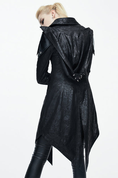 Black Punk Burnt Out Applique Hooded Womens Leather Coat