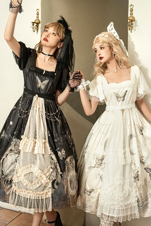 Vintage Elegant Lace Square Collar Bubble Short Sleeves Time Butterfly Print High Waisted Sweet Lolita Dress