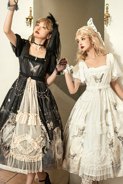 Vintage Elegant Lace Square Collar Bubble Short Sleeves Time Butterfly Print High Waisted Sweet Lolita Dress