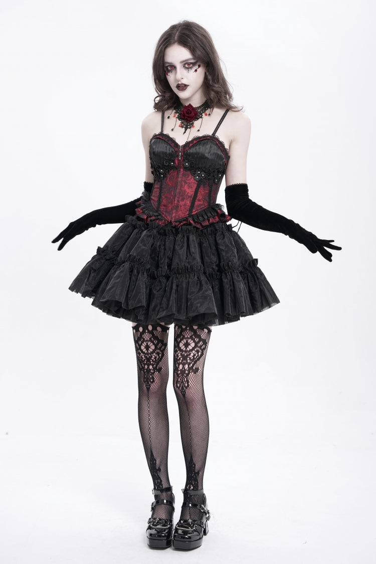 Red Sleeveless Ruffle Embroidery Lace-Up Women's Gothic Tank Top