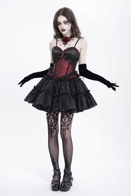 Red Sleeveless Ruffle Embroidery Lace-Up Women's Gothic Tank Top