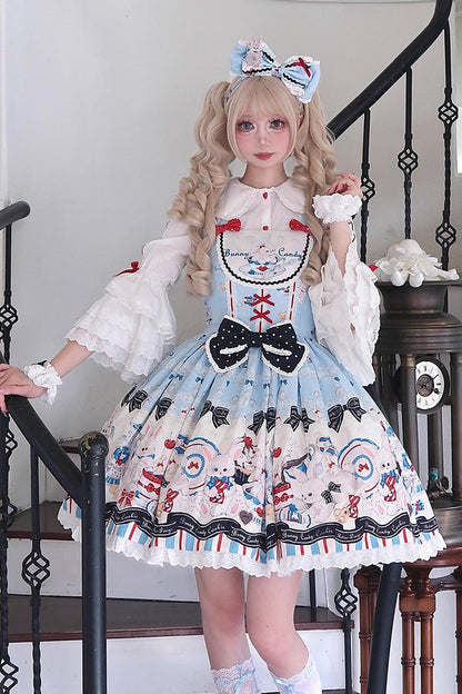 Blue [Mystery Rabbit Tea Party] Sleeveless Print Ruffle Bowknot Lace Sweet Lolita Jsk Dress