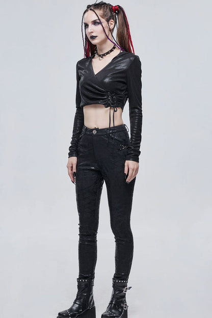 Black Punk Knitted Over Glue Metal Buckle Decoration Elasticity Leather Women's Leggings