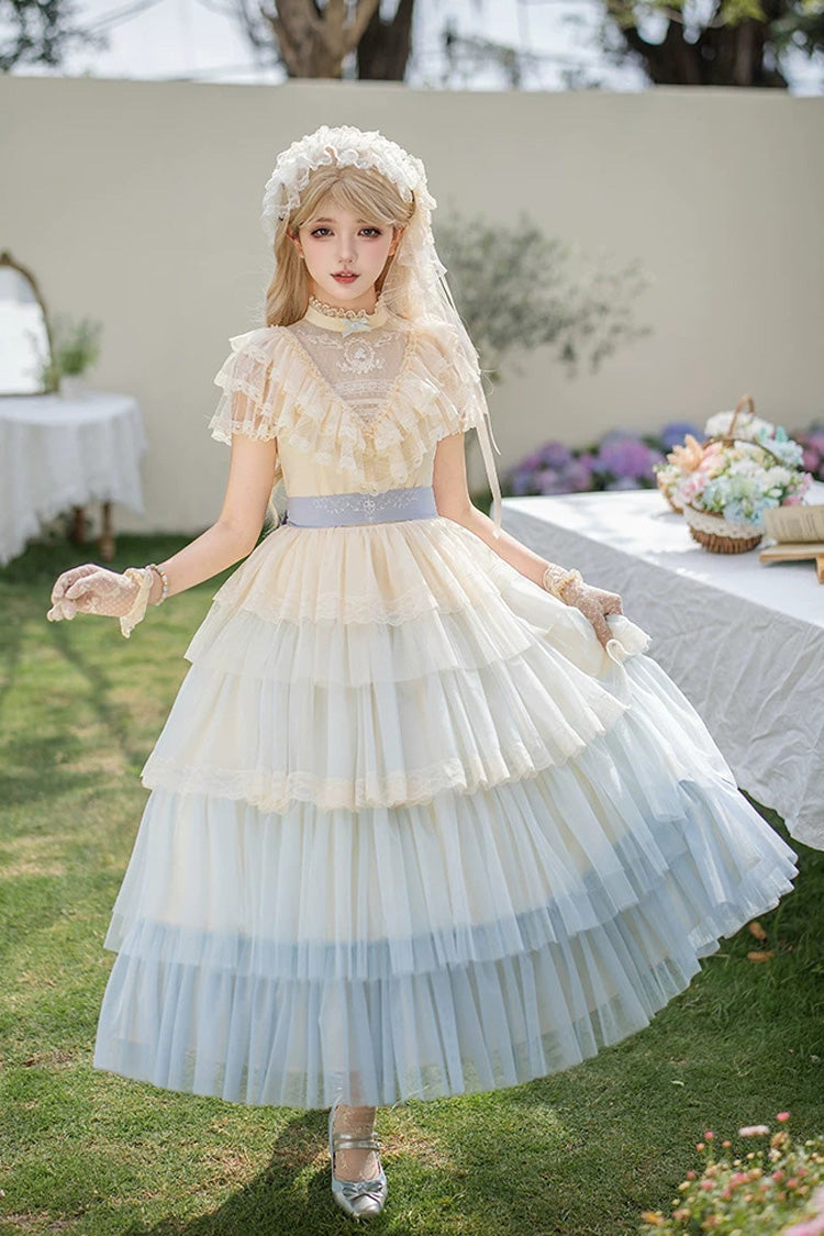 Blue [Sincere Vow] Edwardian Collar Short Sleeves Ombre Multi-Layered Ruffled Embroidered Sweet Lolita Dress