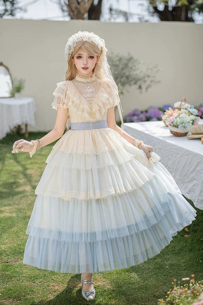 Blue [Sincere Vow] Edwardian Collar Short Sleeves Ombre Multi-Layered Ruffled Embroidered Sweet Lolita Dress