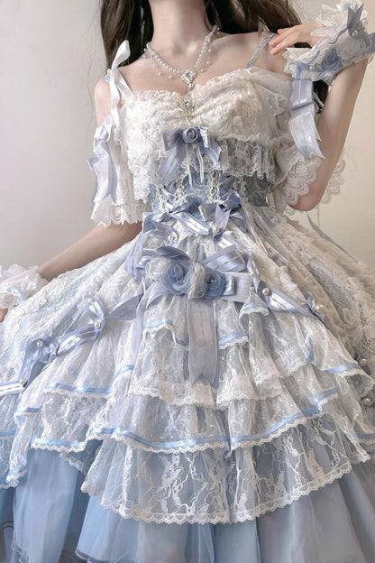 Blue [Diane Rose] Short Sleeves Multi-Layered Jacquard Ruffle Hanayome Cardigan Bowknot Lace Sweet Lolita Dress