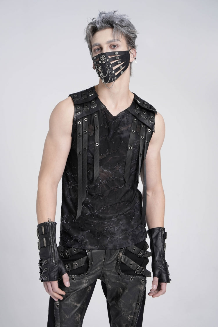 Black Sleeveless Eyelet Strap Distressed Men's Gothic Vest