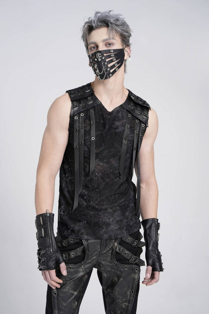 Black Sleeveless Eyelet Strap Distressed Men's Gothic Vest