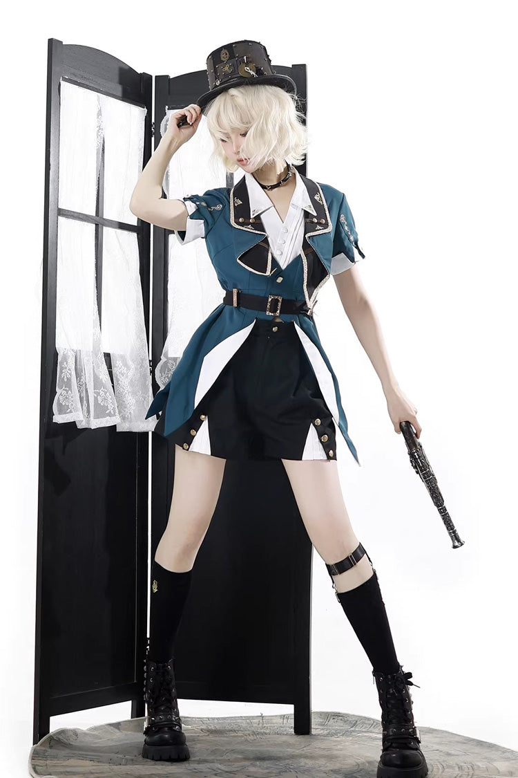 Black/Green [Anlexia Bookstore] Square Collar Short Sleeves Embroidered Studded Gothic College Style Prince Handsome Ouji Lolita Set