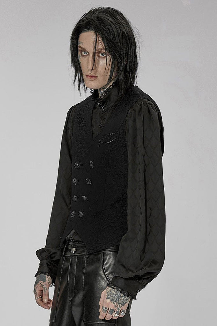 Black Punk Gorgeous V Neck Asymmetrical Relief Sculpture Jacquard Double Row Hand Seam Button Men's Vest