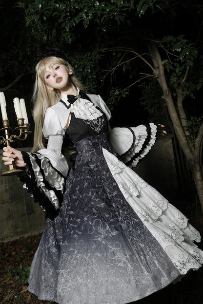 Black/White Print Bone Magic Ruffle Cardigan Lace Classic Gothic Princess Lolita Jsk Dress