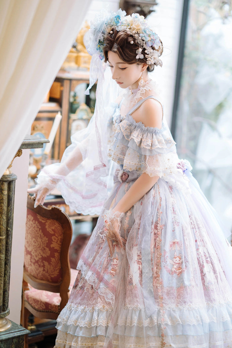 Blue [Moonlight Melody] Off Shoulder Sleeveless Multi-Layered Hanayome Open-Front Bow Lace Sweet Gorgeous Lolita Jsk Dress Set