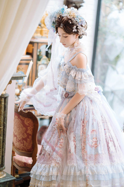 Blue [Moonlight Melody] Off Shoulder Sleeveless Multi-Layered Hanayome Open-Front Bow Lace Sweet Gorgeous Lolita Jsk Dress Set