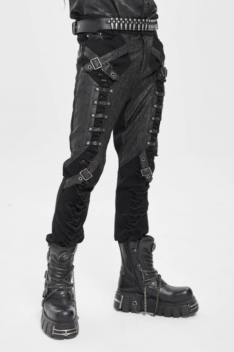Black Ripped Buckle Straps Men's Punk Pants
