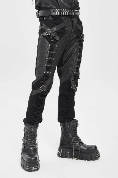 Black Ripped Buckle Straps Men's Punk Pants