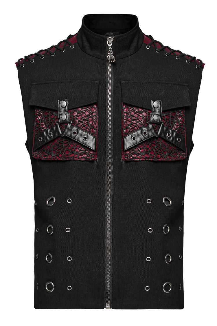 Black/Red Stand Collar Stitching Slim Men's Punk Vest
