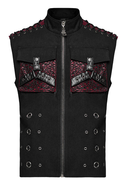 Black/Red Stand Collar Stitching Slim Men's Punk Vest