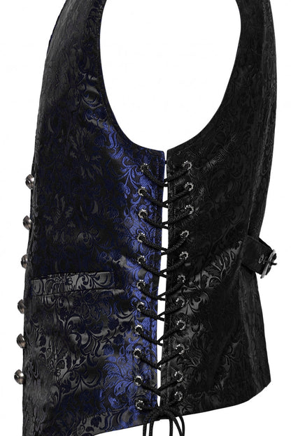 Black/Blue V Collar Jacquard Lace-Up Men's Gothic Vest