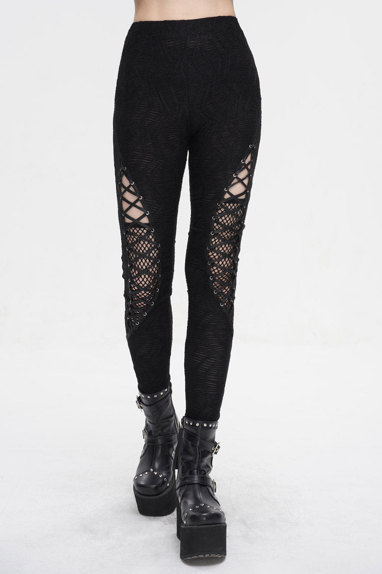 Black Strappy Mesh Splice Ruched Women's Punk Leggings