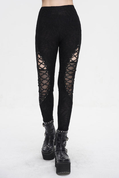 Black Strappy Mesh Splice Ruched Women's Punk Leggings