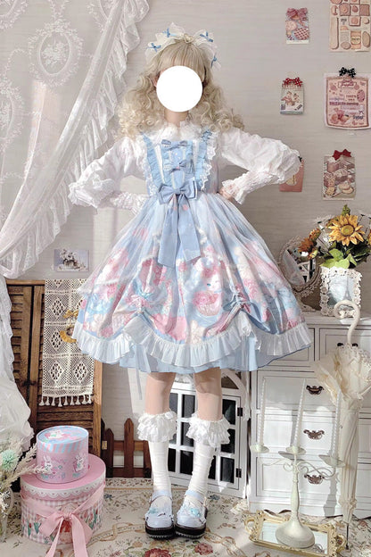 Blue Sleeveless High Waisted Rabbit Print Ruffle Bowknot Sweet Lolita Jsk Dress