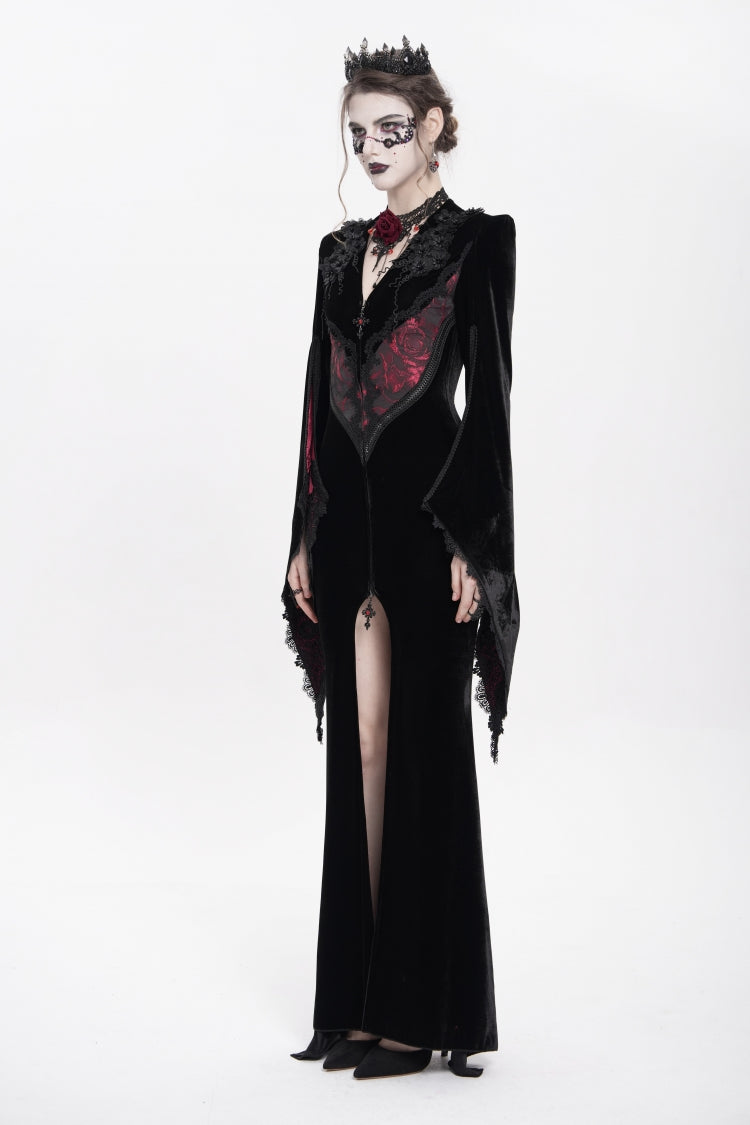 Black/Red V Collar Long Trumpet Sleeves Floral Embroidered Velvet Women's Gothic Dress