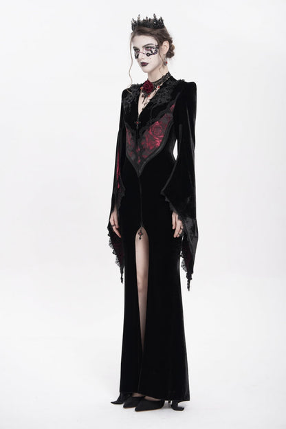 Black/Red V Collar Long Trumpet Sleeves Floral Embroidered Velvet Women's Gothic Dress