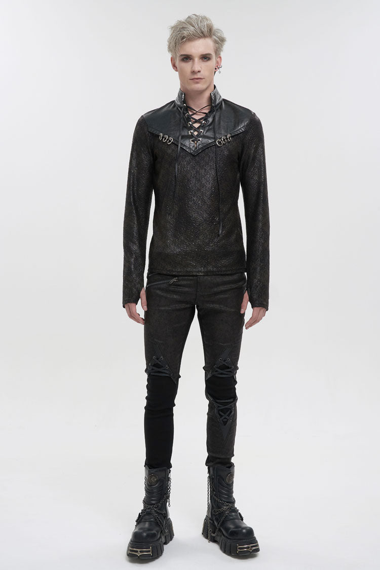 Black Stand Collar Long Sleeves Faux Leather Splice Men's Gothic Shirt