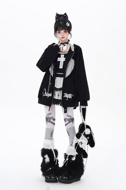 [Striped Bunny Ears] Long Sleeves Heart Print Embroidery Hooded Zipper Sweet Jirai Kei Cool Lolita Coat 2 Colors