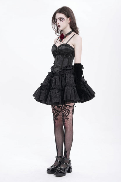 Black Sleeveless Ruffle Embroidery Lace-Up Women's Gothic Tank Top