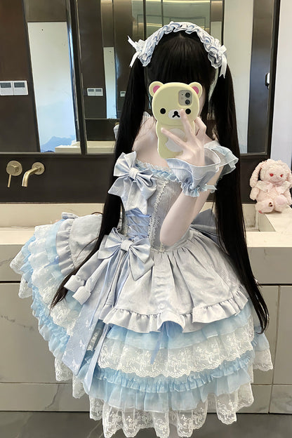 Blue [Misty Mountain Veil] Sleeveless Multi-Layered Ruffled Bow Lace Sweet Princess Ballet Lolita Jsk Dress