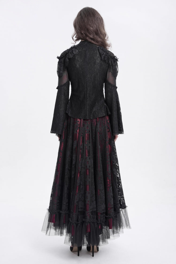 Black Stand Collar Long Trumpet Sleeves Embroidery Stitching Lace Women's Gothic Blouse