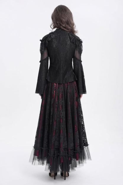 Black Stand Collar Long Trumpet Sleeves Embroidery Stitching Lace Women's Gothic Blouse