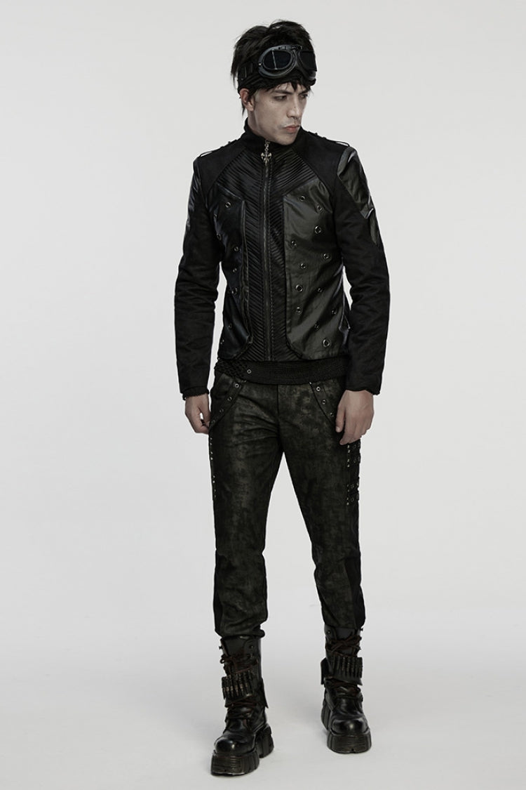 Black Stand Collar Long Sleeves Stitching Zipper Eyelet Men's Punk Jacket