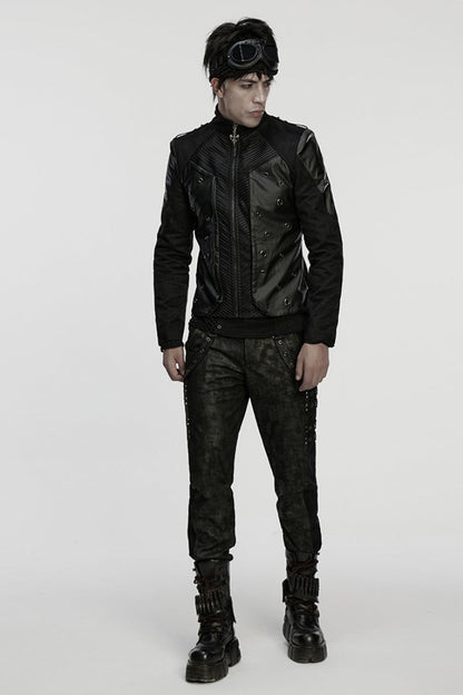 Black Stand Collar Long Sleeves Stitching Zipper Eyelet Men's Punk Jacket