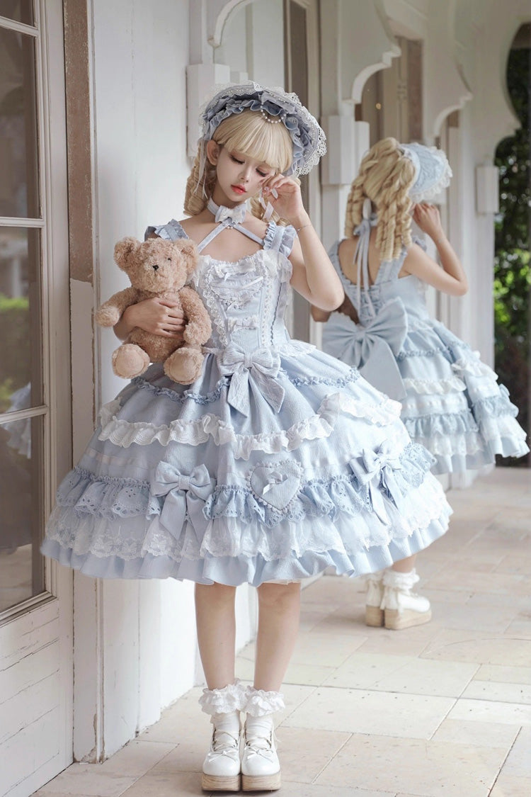 Blue [Super Cute Belia] Sleeveless Triple-Layered Ruffle Bowknot Lace Sweet Elegant Lolita Jsk Dress