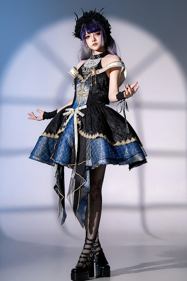 Black/Blue [Universe] Off Shoulder Halterneck Sleeveless Print Embroidery Cardigan Gothic Princess Lolita Dress