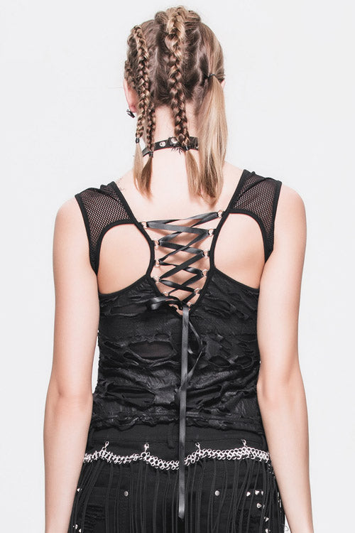 Black Sexy Torn Striped Lace Up Mesh Punk Women T-Shirt With Ghost Claw