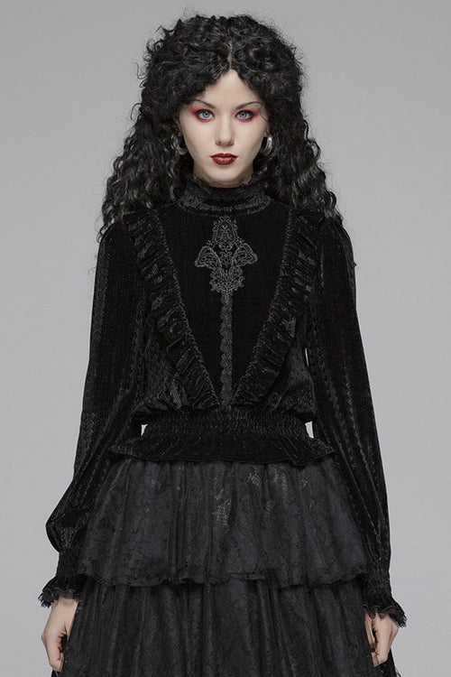 Black Stand Collar Long Sleeves Embroidery Floral Lace Women's Gothic Tops