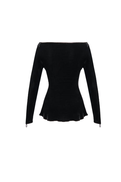 Black Velvet Off Shoulder Long Sleeve Mesh Collar Chest Flocking Pattern Women's Punk T-Shirt